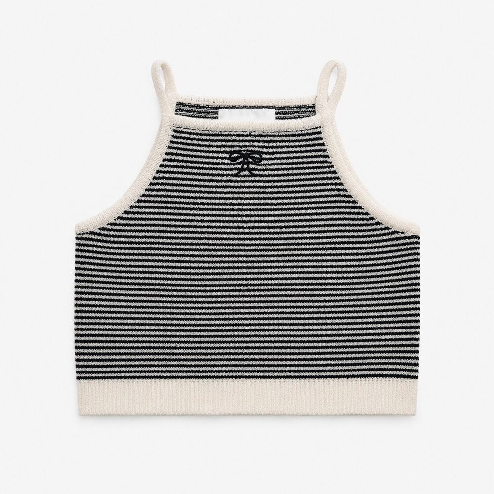 ZARA Girls Striped Knit Tank Top - Black & Cream, 9-10Y